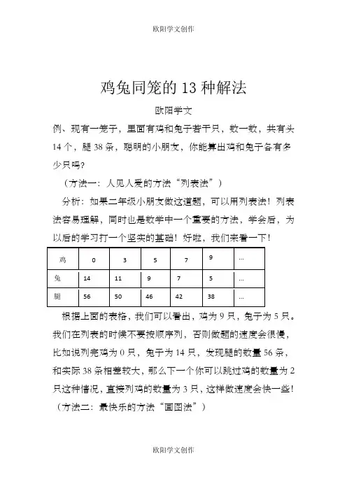 鸡兔同笼的13种解法之欧阳学文创作