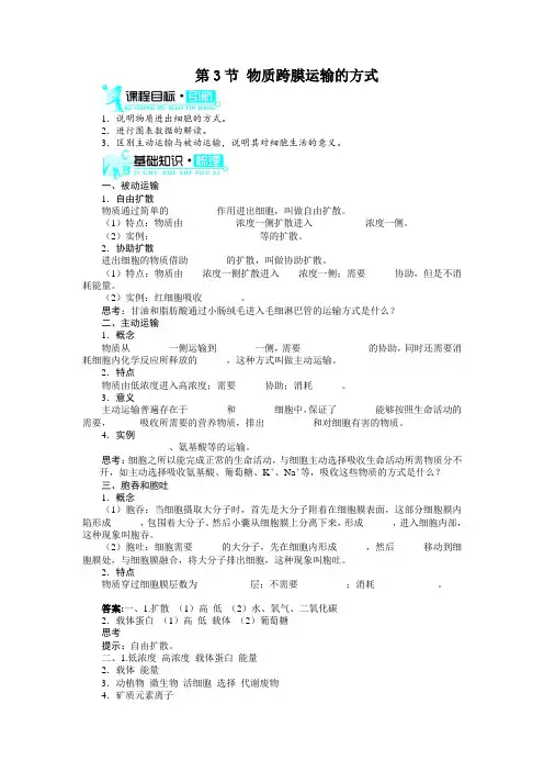 人教课标版高中生物必修1第4章《物质跨膜运输的方式》知识梳理