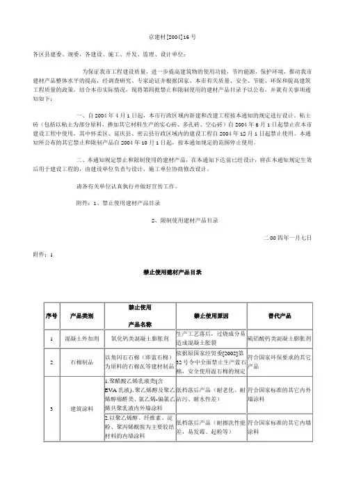 关于公布第四批禁止和限制使用建材产品目录的通知