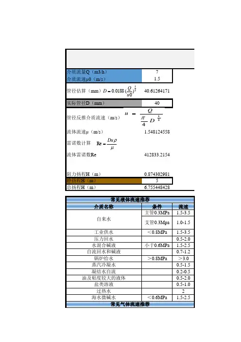 常用介质流速推荐表