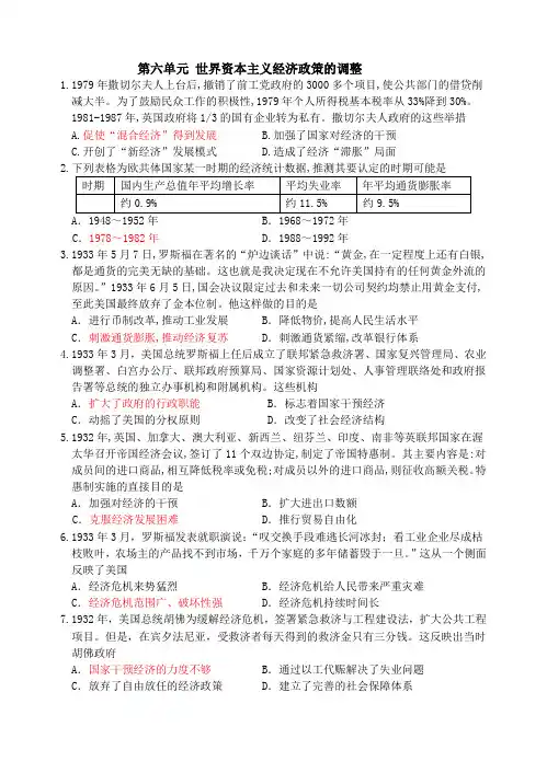 人教版高一历史必修二第六单元期末经典精选试题