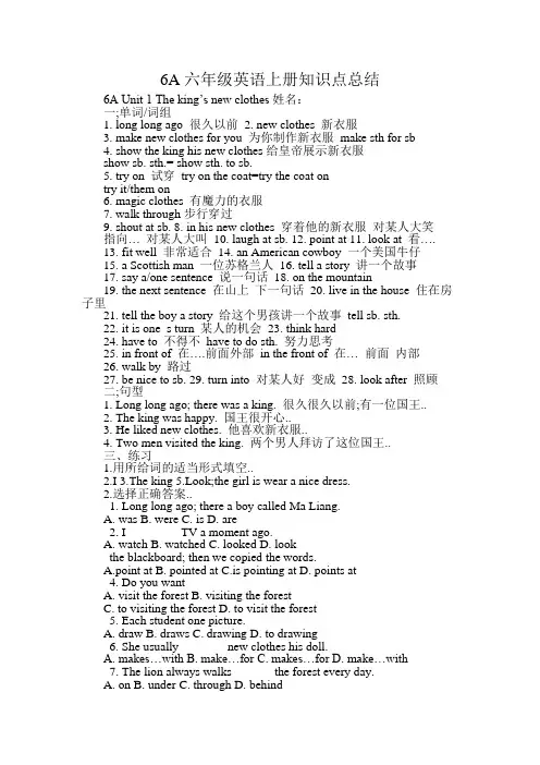 苏教版译林版六年级上册A英语知识点