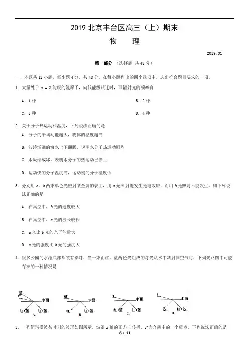 2019北京丰台区高三(上)期末 物理试题及答案