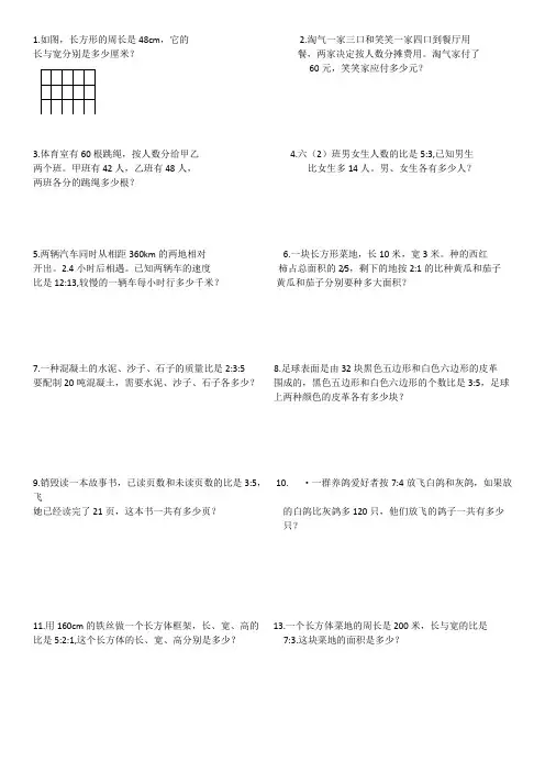 六年级数学比的应用应用题
