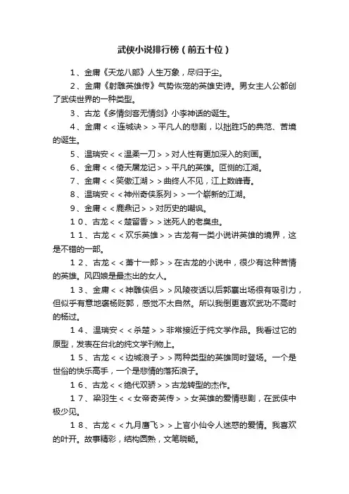 武侠小说排行榜（前五十位）
