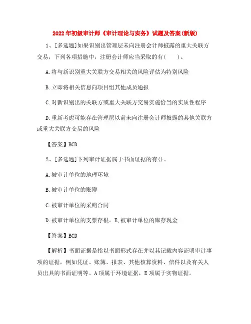 2022年初级审计师《审计理论与实务》试题及答案(新版)