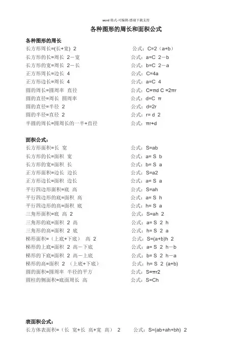 各种图形的周长和面积公式