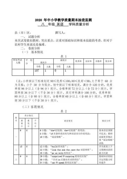 八年级 上学期英语学科质量分析
