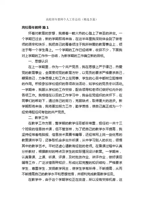 高校青年教师个人工作总结（精选5篇）