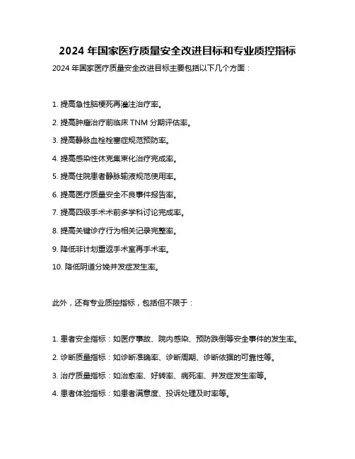 2024年国家医疗质量安全改进目标和专业质控指标
