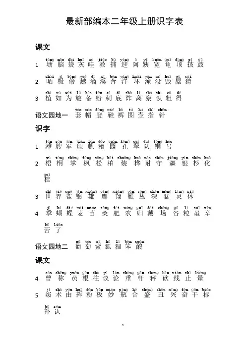 最新部编本人教版二年级上册第三册识字表写字表(拼音版)最新精品精编精选优秀优质超级完整版实用提分打印版