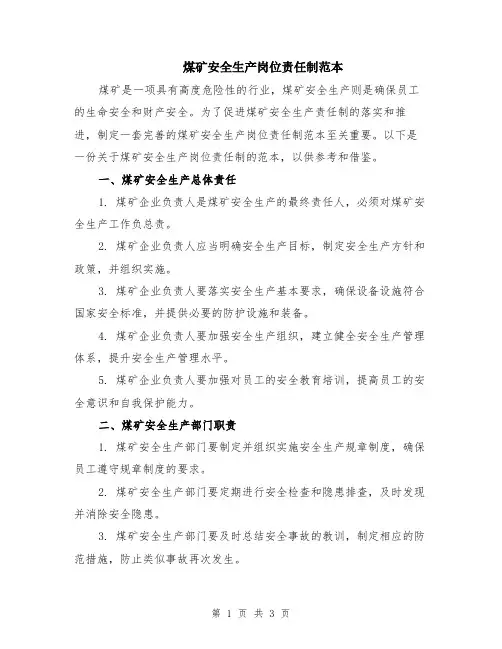 煤矿安全生产岗位责任制范本