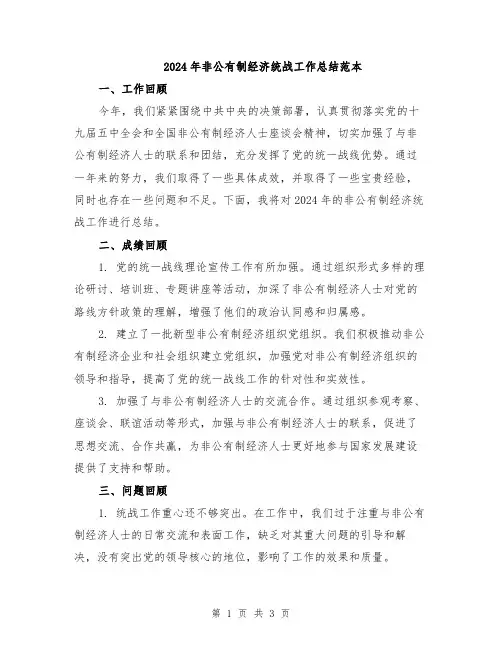 2024年非公有制经济统战工作总结范本