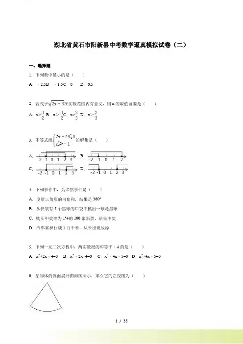 黄石市阳新县中考数学逼真模拟试卷（二）及答案解析
