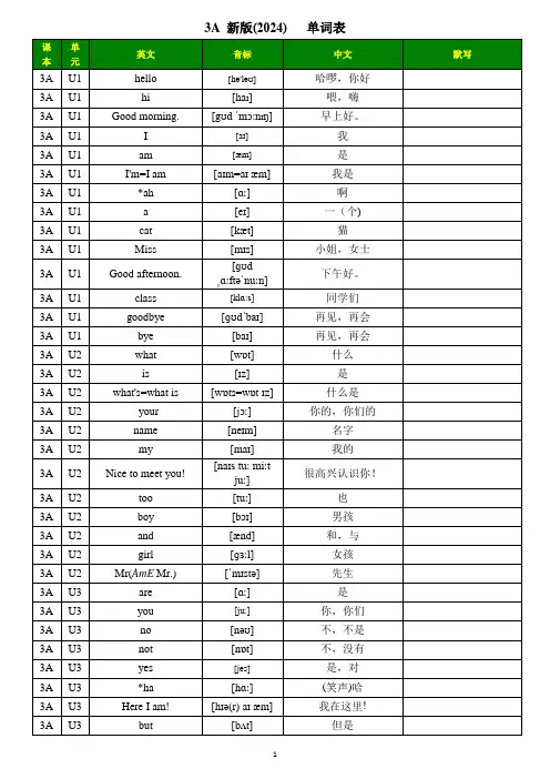 单词表(知识清单)-2023-2024学年译林版(三起)英语三年级上册