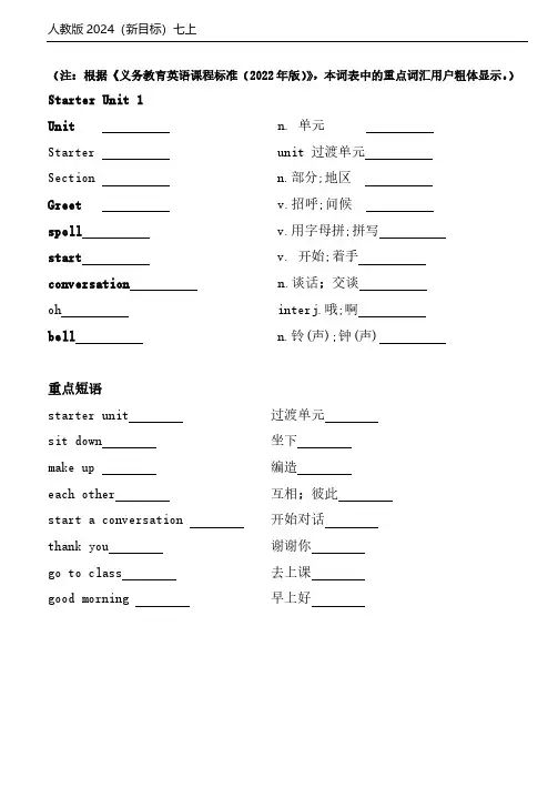 2024年新人教版七年级上词汇、短语(默写版)