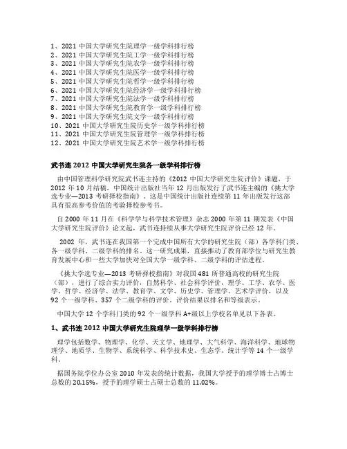 最新中国大学研究生院各一级学科排行榜(1)