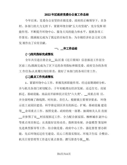 2022年区政府党委办公室工作总结