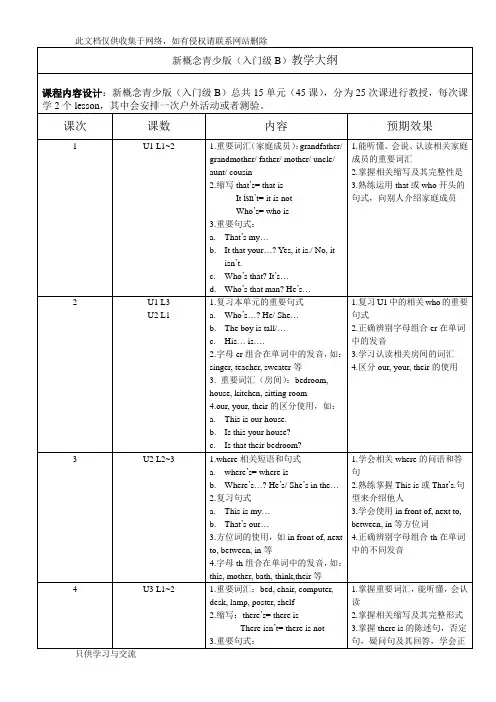 新概念青少版(入门级B)教学大纲知识讲解