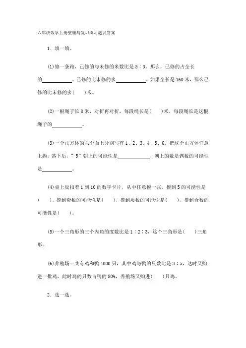 六年级数学上册整理与复习练习题及答案
