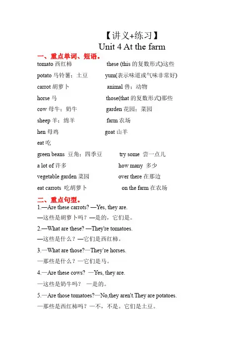 Unit+4(讲义+练习)2022-2023+四年级英语下册+单元复习讲义+人教PEP(含答案)