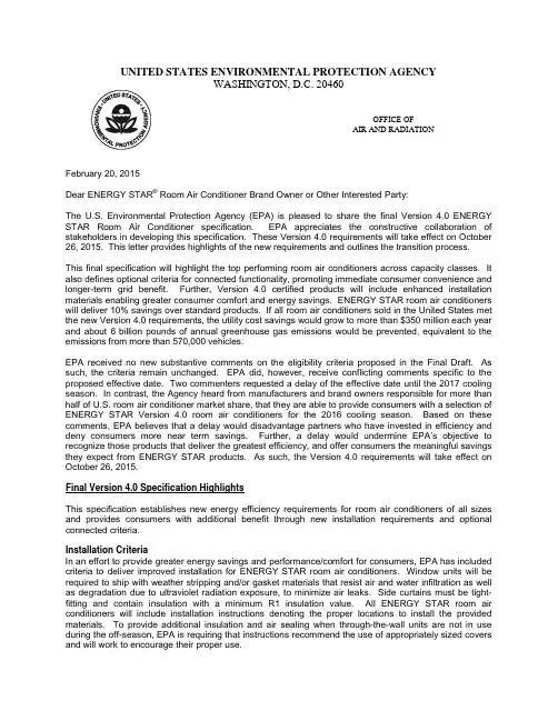 ENERGY STAR Final Version 4.0 Room Air Conditioners Cover Memo