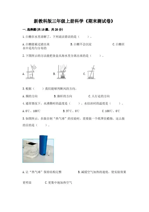 新教科版三年级上册科学《期末测试卷》及参考答案【完整版】