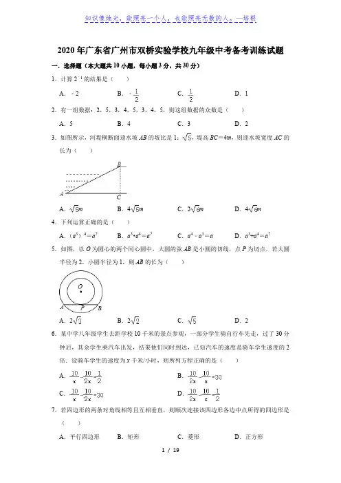 广东省广州市双桥实验学校2020年九年级中考备考训练试题  解析版