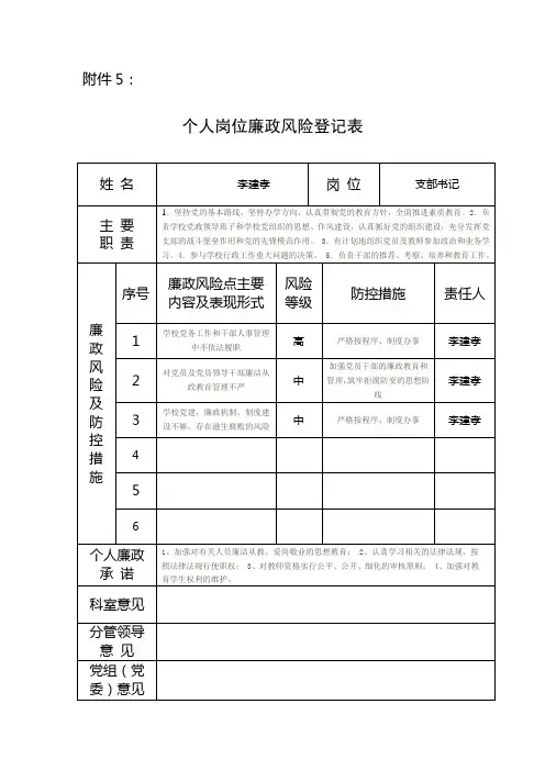 学校个人岗位廉政风险登记表