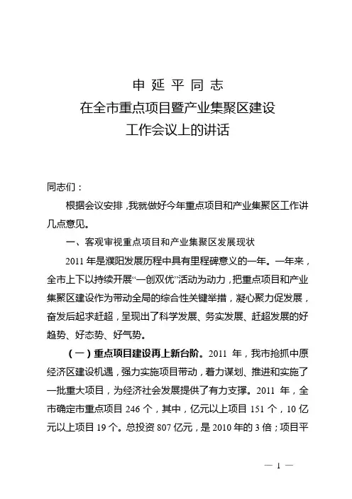 申延平同志在全市重点项目和产业集聚区建设工作会议上的讲话