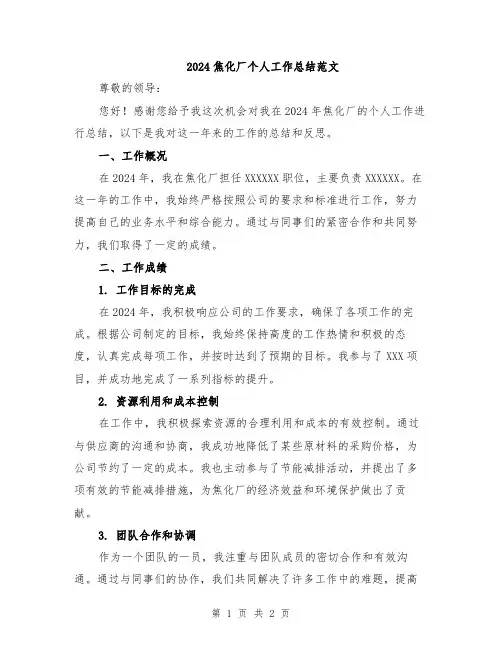 2024焦化厂个人工作总结范文