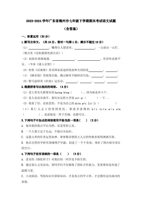 2023-2024学年广东省梅州市七年级下学期期末考试语文试题(含答案)