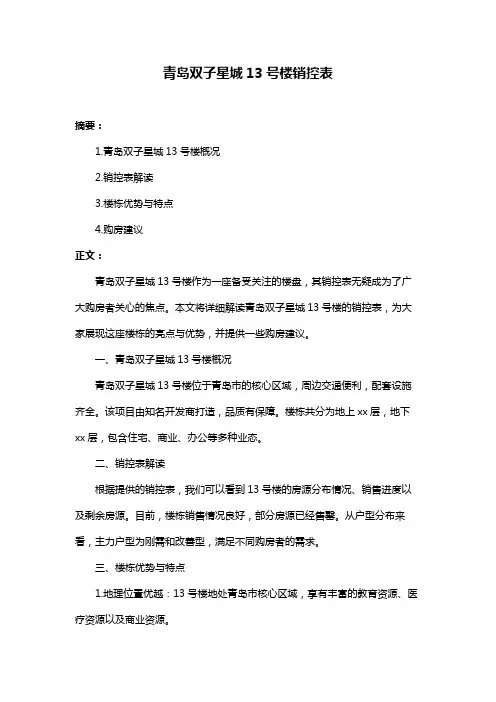 青岛双子星城13号楼销控表