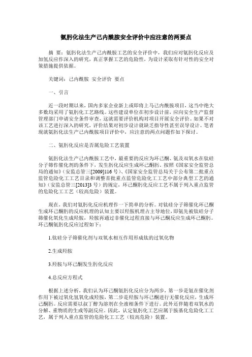 氨肟化法生产己内酰胺安全评价中应注意的两要点