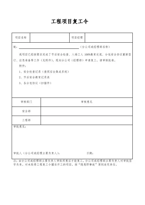 工程项目复工令