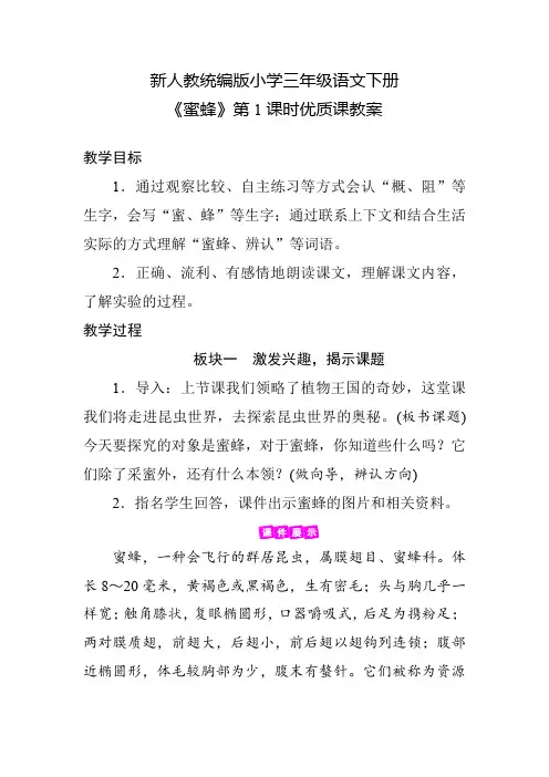 新人教统编版小学三年级语文下册《蜜蜂》第1课时优质课教案