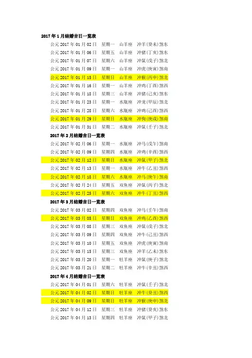 2017年黄道吉日