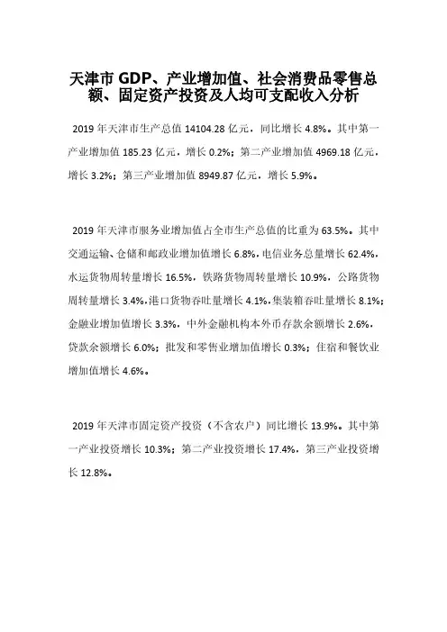 天津市GDP、产业增加值、社会消费品零售总额、固定资产投资及人均可支配收入分析