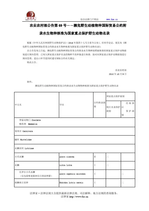 农业农村部公告第69号――濒危野生动植物种国际贸易公约附录水生物种核准为国家重点保护野生动物名录