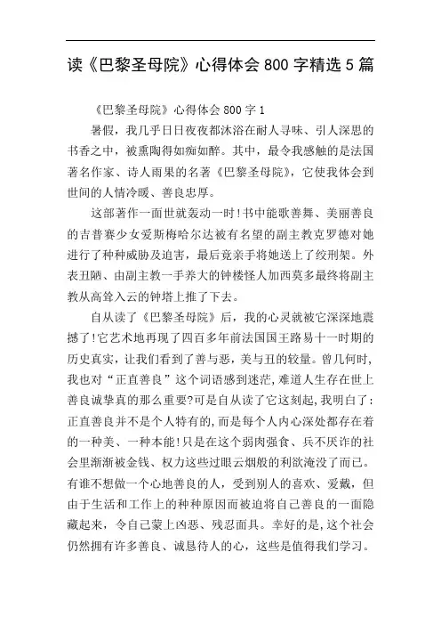 读《巴黎圣母院》心得体会800字精选5篇