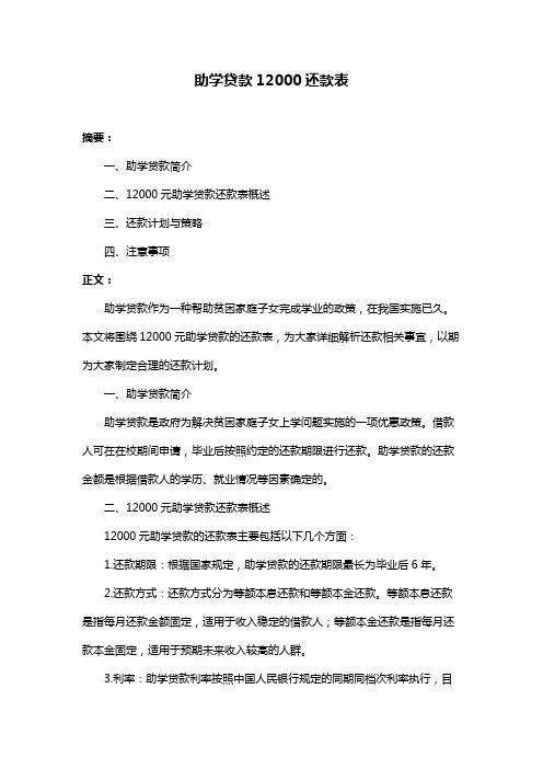 助学贷款12000还款表