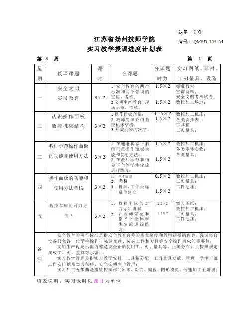 数控实习教学授课进度计划表   样本