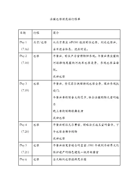 法国巴黎15天深度游行程