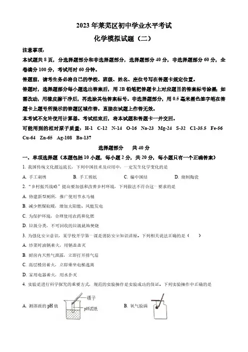 2023年山东省济南市莱芜区中考二模化学试题(含解析)