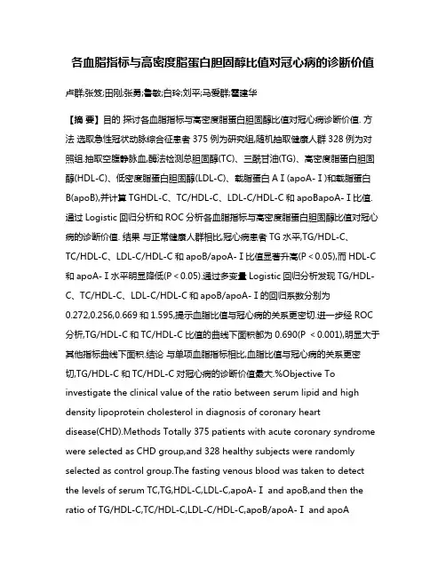 各血脂指标与高密度脂蛋白胆固醇比值对冠心病的诊断价值