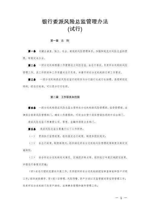银行委派风险总监管理办法模版
