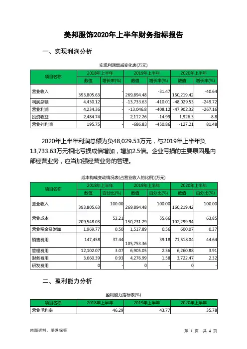 美邦服饰2020年上半年财务指标报告