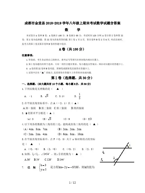 金堂县2018-2019学年八年级上期末考试数学试题含答案