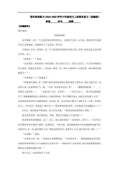 课外阅读练习-2024-2025学年六年级语文上册期末复习(统编版)