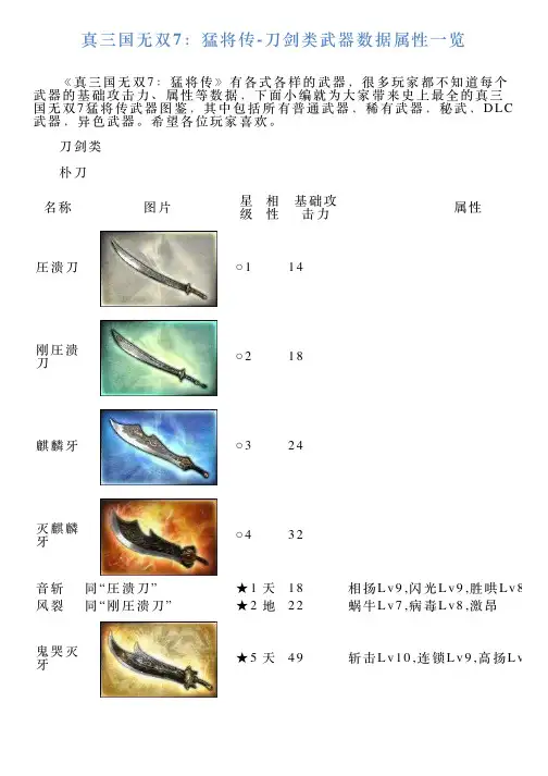 真三国无双7：猛将传刀剑类武器数据属性一览